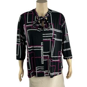 Cato Tie Neck Geometric Blouse Black Plus Size 22/24W